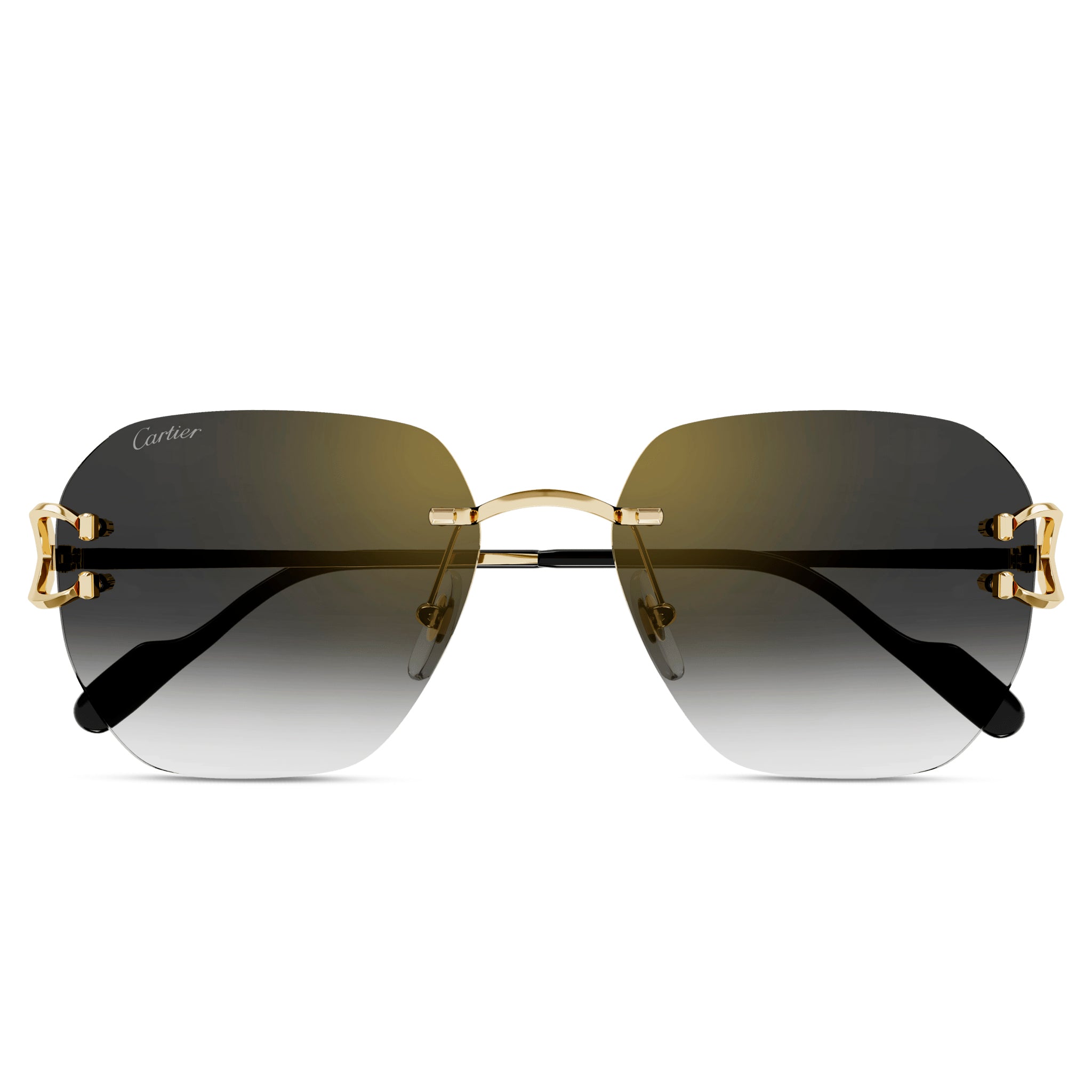 Front view of Cartier Eyewear CT0394S-001 C Decor Gold Grey Rimless Sunglasses